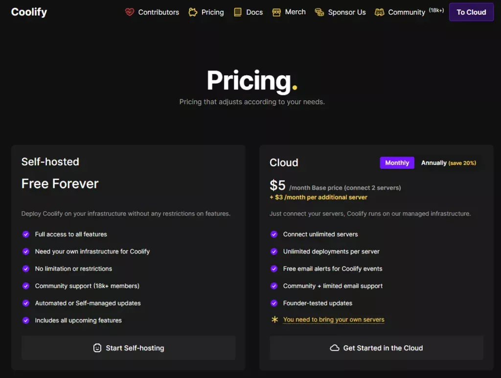 coolify dashboard pricing